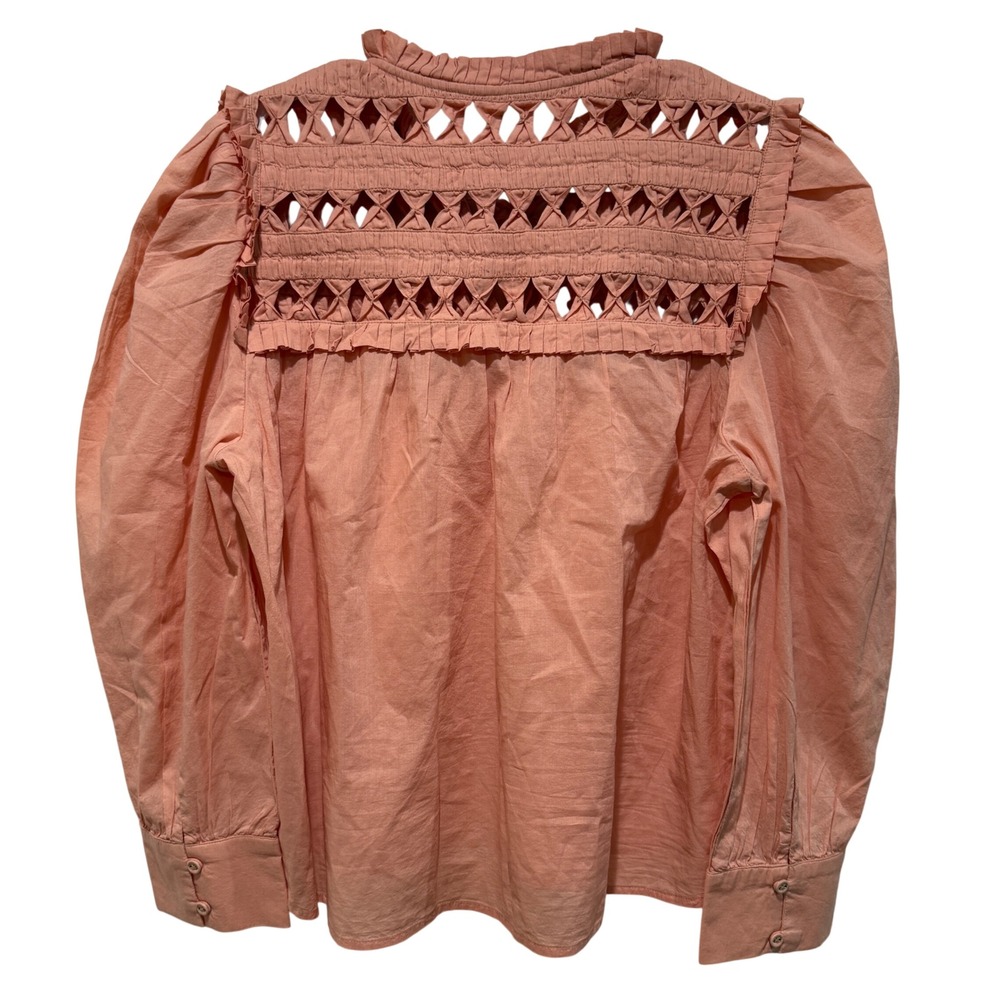 Self Contrast Anthropologie Puff-Sleeve Cotton‎ Blouse S Small Peach Coral Boho - Picture 5 of 12